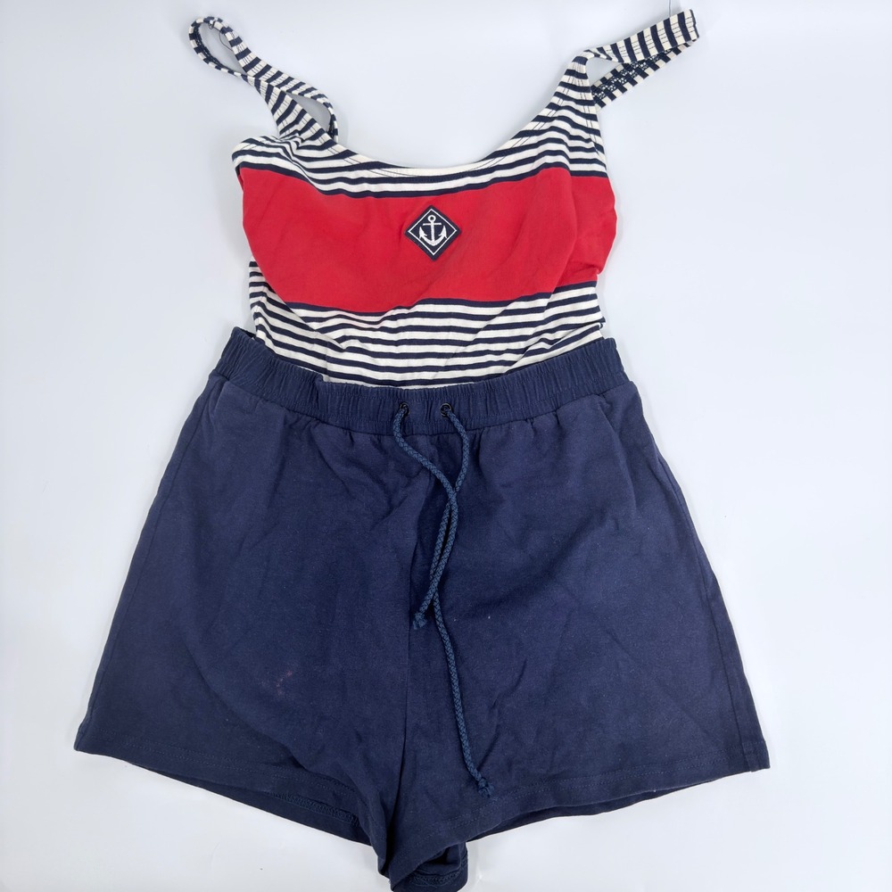 Sporting Life Bodysuit Shorts Set Nautical 90s Women Size 12 Navy Blue White Red